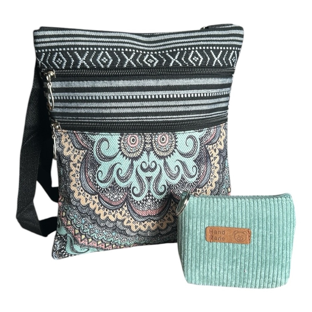 Geometric Print Crossbody Bag Polyester Mantra Design Aqua & Black & Coin Purse